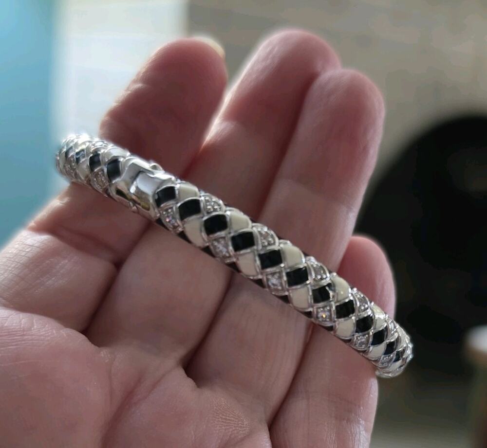 Belle Etoile Harlequin 925 Enamel Bangle Cream/Black & Cz Accents 6.75” R/T $300